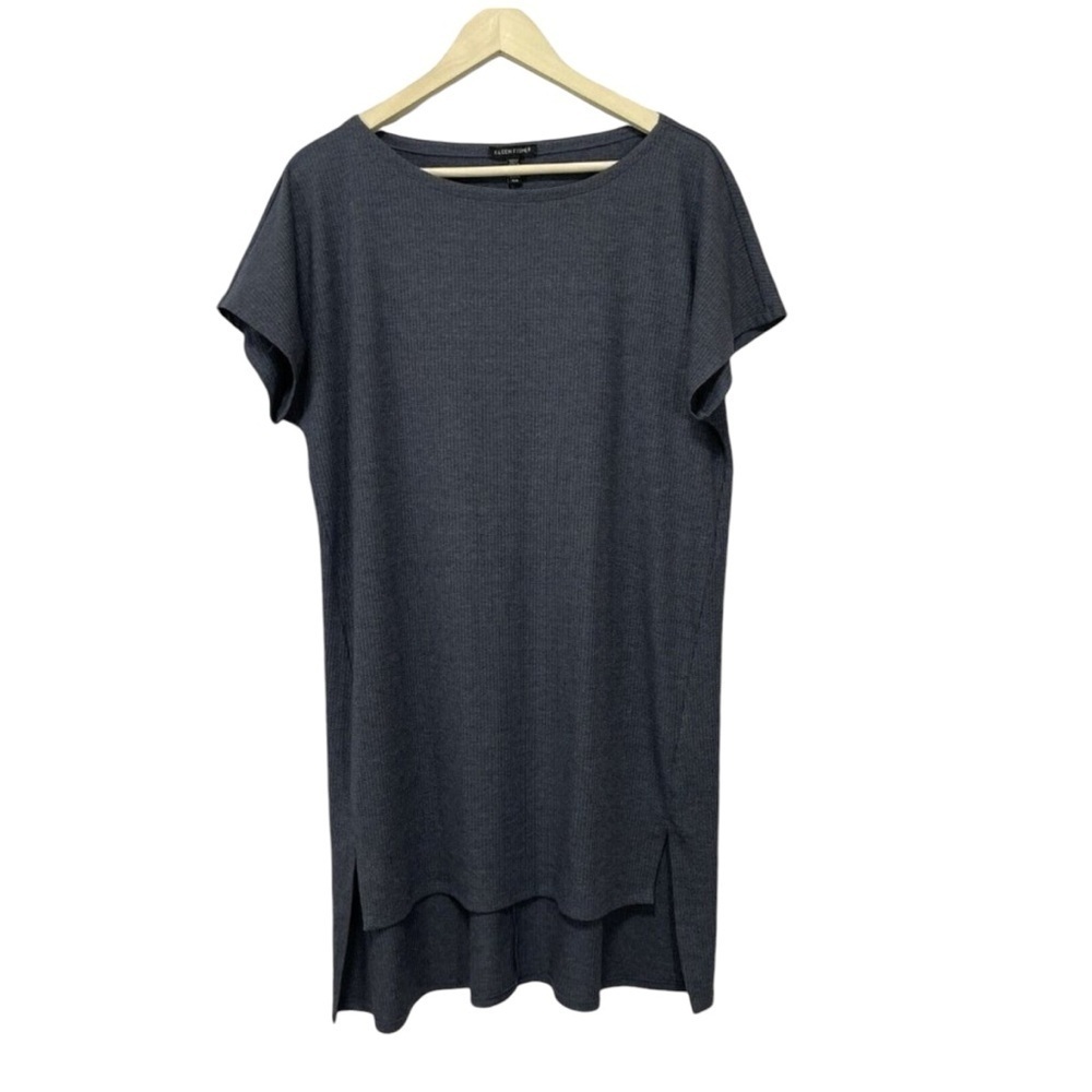 Eileen Fisher Medium Dress Ribbed Short Sleeve Lagenlook Stretch Womens